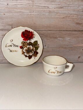 Vintage 'I Love You' Mom Mini Tea Cup & Saucer with Floral Motif